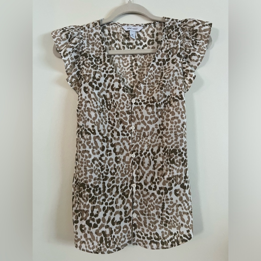 Nine West Leopard top, sheer with tank liner, size extra small, white/tan blouse